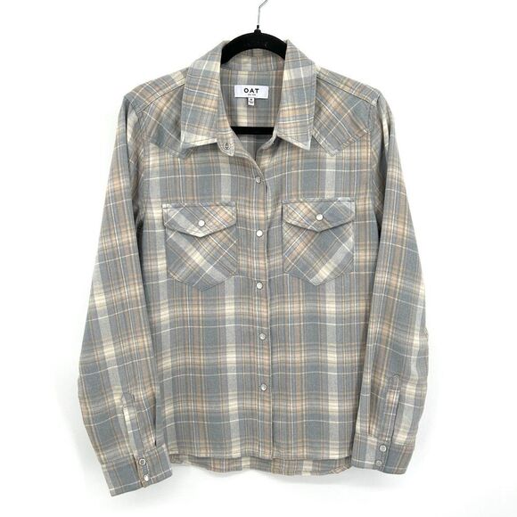 OAT New York Women's Gray Tan Plaid Flannel Pearl Snap Button Up Shirt Medium - Picture 1 of 6